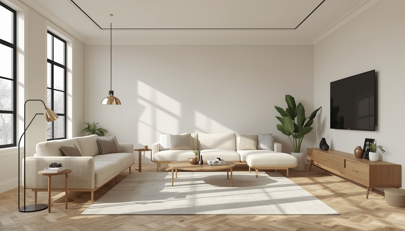 A highly realistic, modern living room interior with natural light, wooden parquet flooring, minimalist furniture, neutral color palette, soft shadows, sunlight streaming through large windows, clean and empty space, no people, no animals, ultra-detailed textures, photorealistic, cinematic lighting, high-resolution 16:9 Стиль интерьера: modern, Scandinavian, industrial, minimalistic, cozy, luxury.