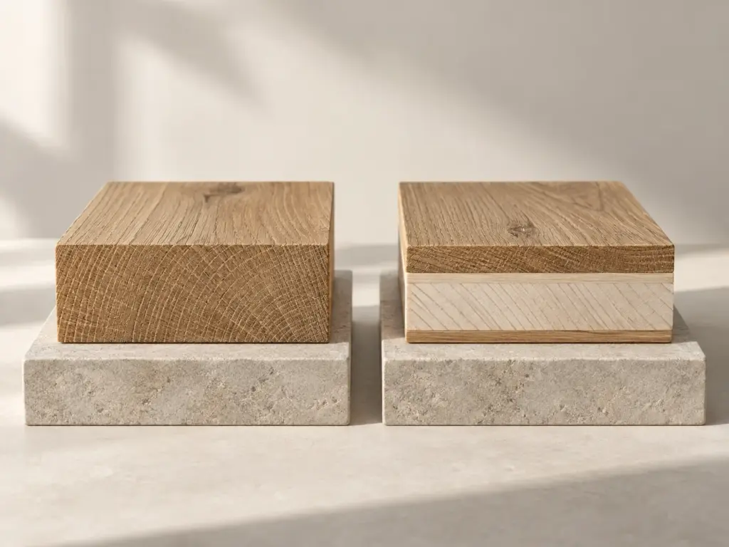 Zwei Querschnittmuster zeigen durchgehendes Massivholz und den Aufbau eines Mehrschichtparketts.