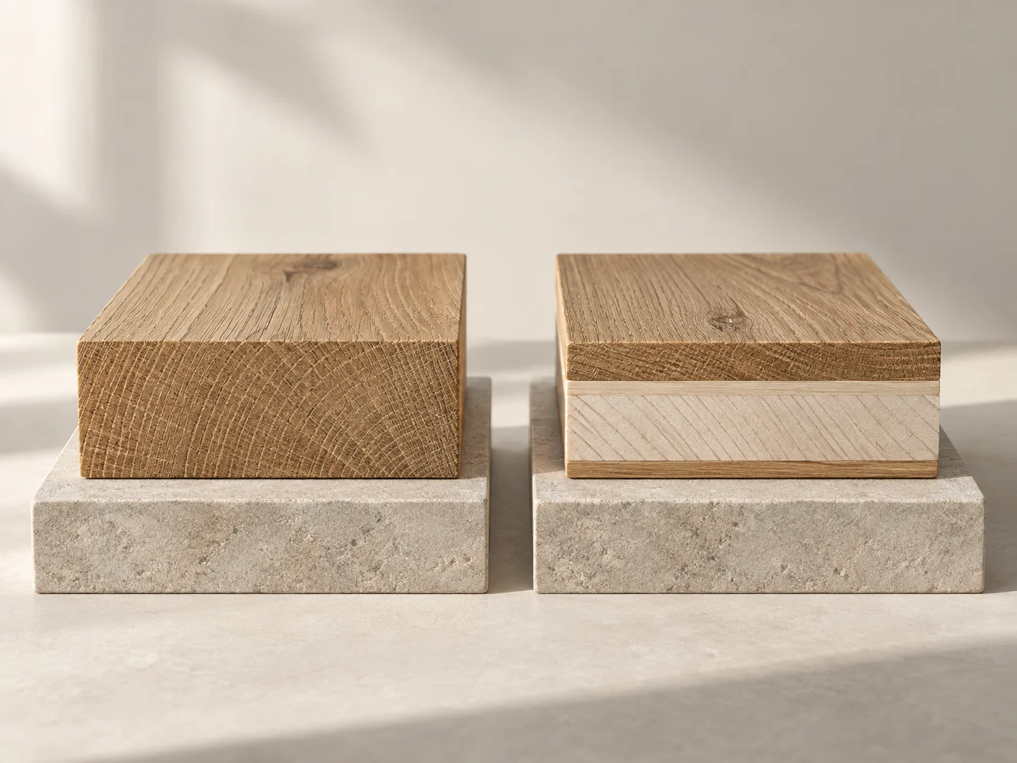 Zwei Querschnittmuster zeigen durchgehendes Massivholz und den Aufbau eines Mehrschichtparketts.