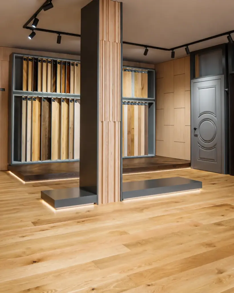 Showroom von PARKE Concept Home in Nürnberg mit Parkettmustern und Innentür