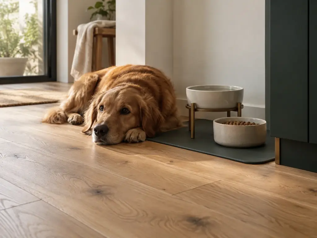Hund neben einer geschützten Futterstelle auf Eichenparkett.