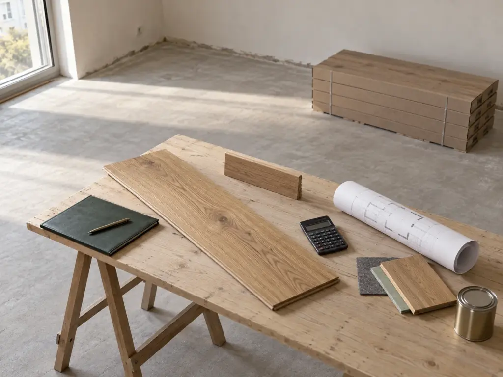 Parkettmuster, Sockelleiste, Plan und Taschenrechner auf einem Bocktisch im Renovierungsraum.