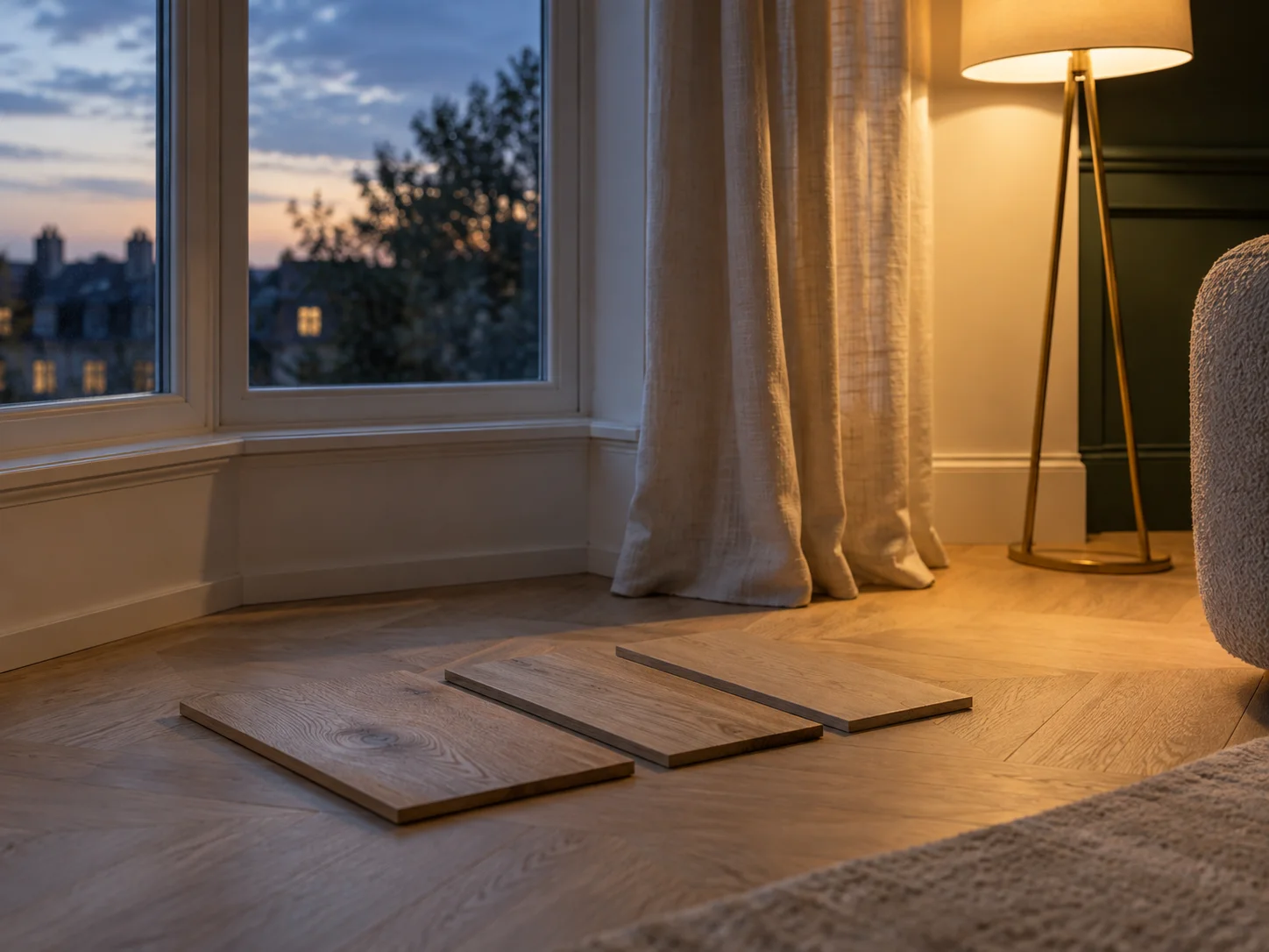 Parkettmuster in einer Fensternische bei gemischtem Tages- und Lampenlicht.